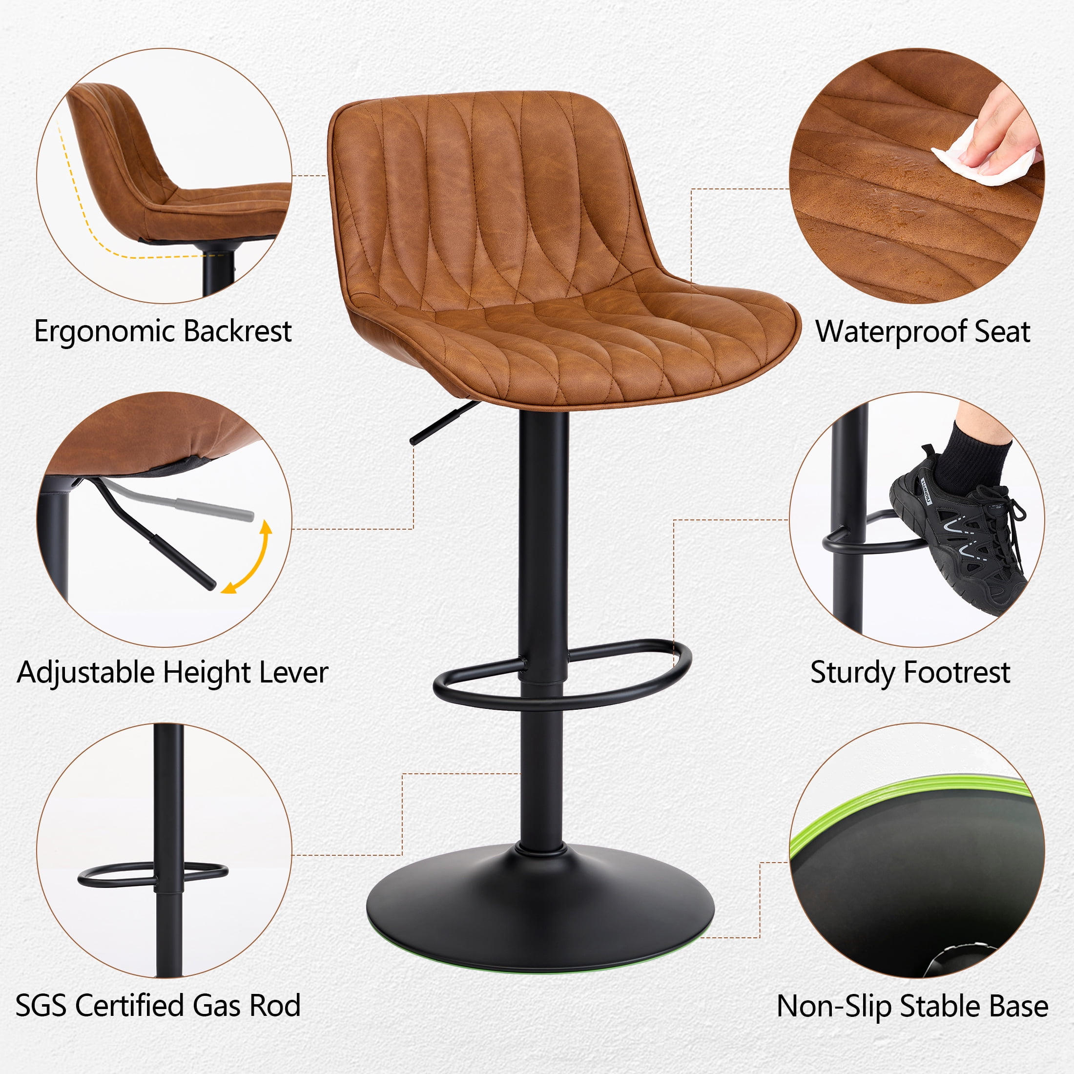 FIRAVOE Swivel Bar Stools Set of 2 (Adjustable Height 25"-33") Counter Height Bar Stools with Back, Modern Faux Leather Barstools for Kitchen Island, Brown
