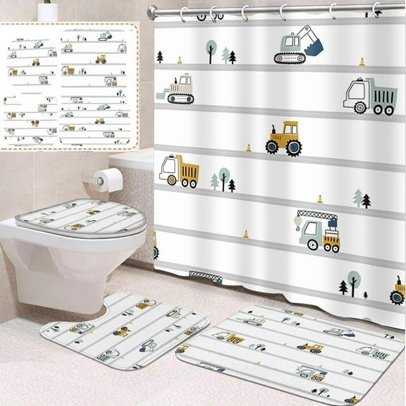 4 Pcs Bathroom Sets with Shower Curtain and Rugs, Tractor Construction Farm Car, Bathroom Decor Kids Happy Green Blue Shower Curtain Sets for Bathroom Decor