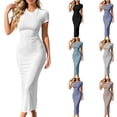 thumbnail image 5 of Dvprdro Crewneck Short Sleeve Slim Fit Bodycon Midi Dress for Women Ribbed Knit Pencil Dress Office Summer, 5 of 5