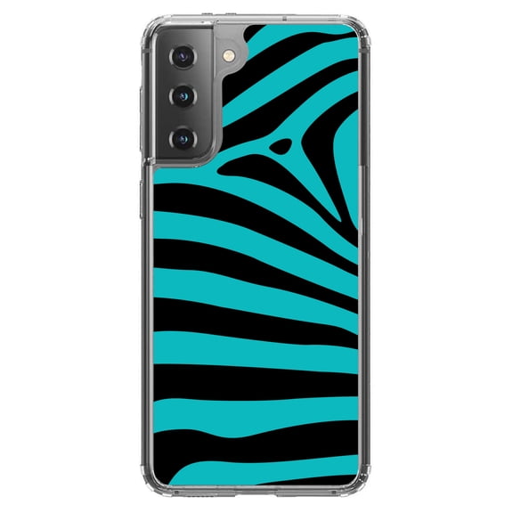 DistinctInk Clear Shockproof Hybrid Case for Galaxy S21  PLUS 5G (6.7" Screen) - TPU Bumper, Acrylic Back, Tempered Glass Screen Protector - Teal Black Zebra Stripes