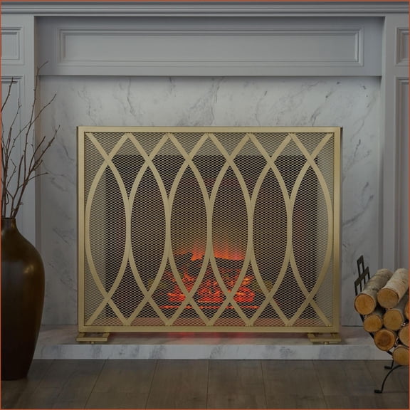 Fireplace Screen, Modern Single Panel, Gold Finish, Spark Protection for Indoor Home Use|Iron|Gold
