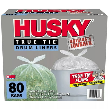 Husky 55 Gallon Clear Flap Tie Drum Liner- 80 ct. Trash Bags
