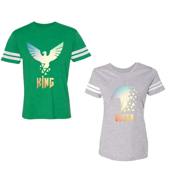 King Queen Eagle Sunny Unisex Couple Matching Cotton Jersey style T-Shirt Contrasting stripes on sleeves (Men Green / Women Heather) (Men XXL / Women L)