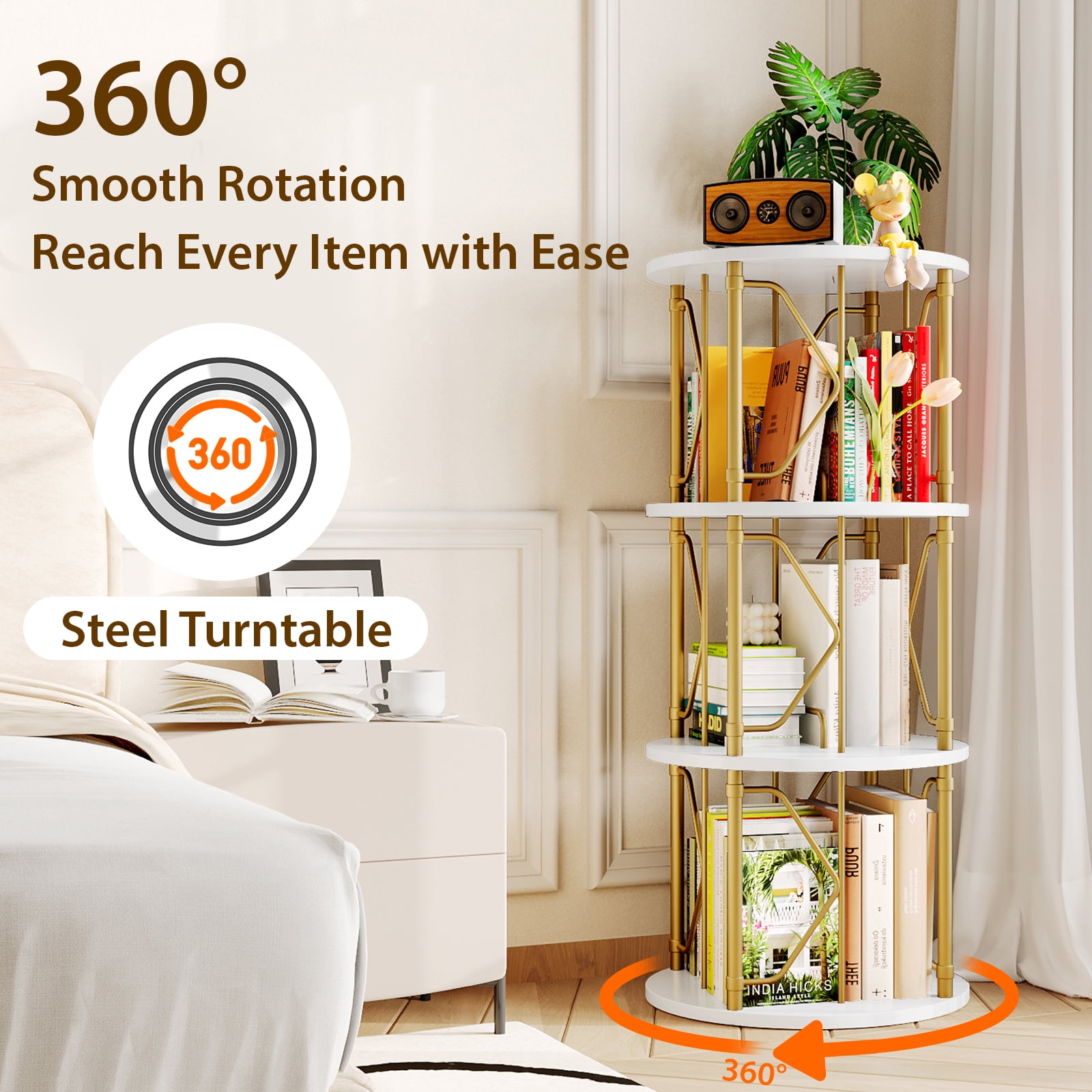 LLappuil 3 Tier Rotating Bookshelf, 360° Display Swivel Bookcase, Corner Bookshelf for for Bedroom, Living Room White