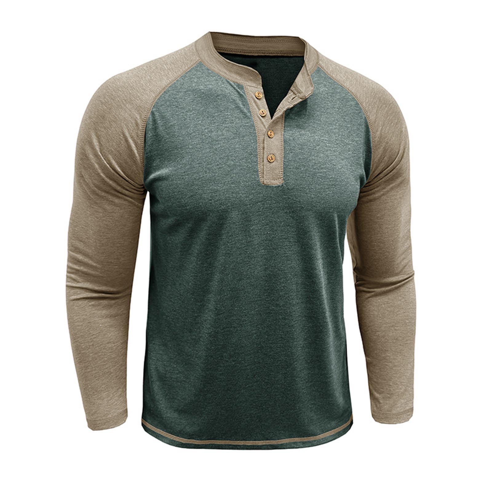 Feancey Cotton Henley Shirts for Men Raglan Long Sleeve Button Up Tshirt Color Block Fashion Baseball T-Shirts Slim Fit Casual Gym Muscle Tees Army Green XL