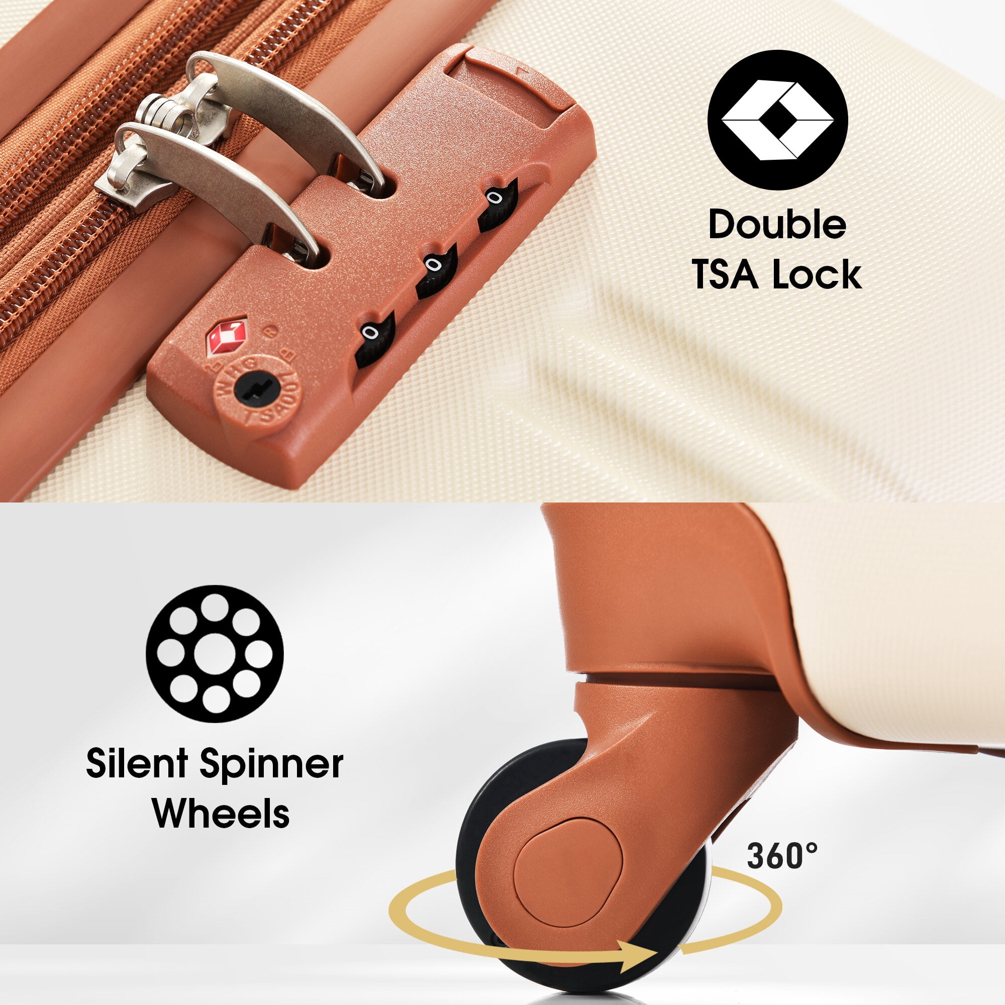 Hardside Suitcase, Hardshell Luggage Sets 2Pcs + Bag Spinner Suitcase with TSA Lock Lightweight 20" + 24", Brown+White Hardside Luggage,Abs Hardside Checked Luggage, Travel Luggage Hard Case Luggage