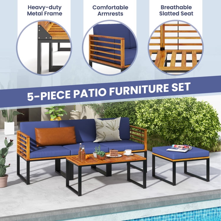 Aimee Lii 5 Pieces Patio Acacia Wood Conversation Set with Cushioned Coffee Table, Patio Table and Chairs Set, Outdoor Patio Set, Navy Aimee Lii 5 Pieces Patio Acacia Wood Conversation Set with Cushioned Coffee Table, Patio Table and Chairs Set, Outdoor Patio Set, Navy