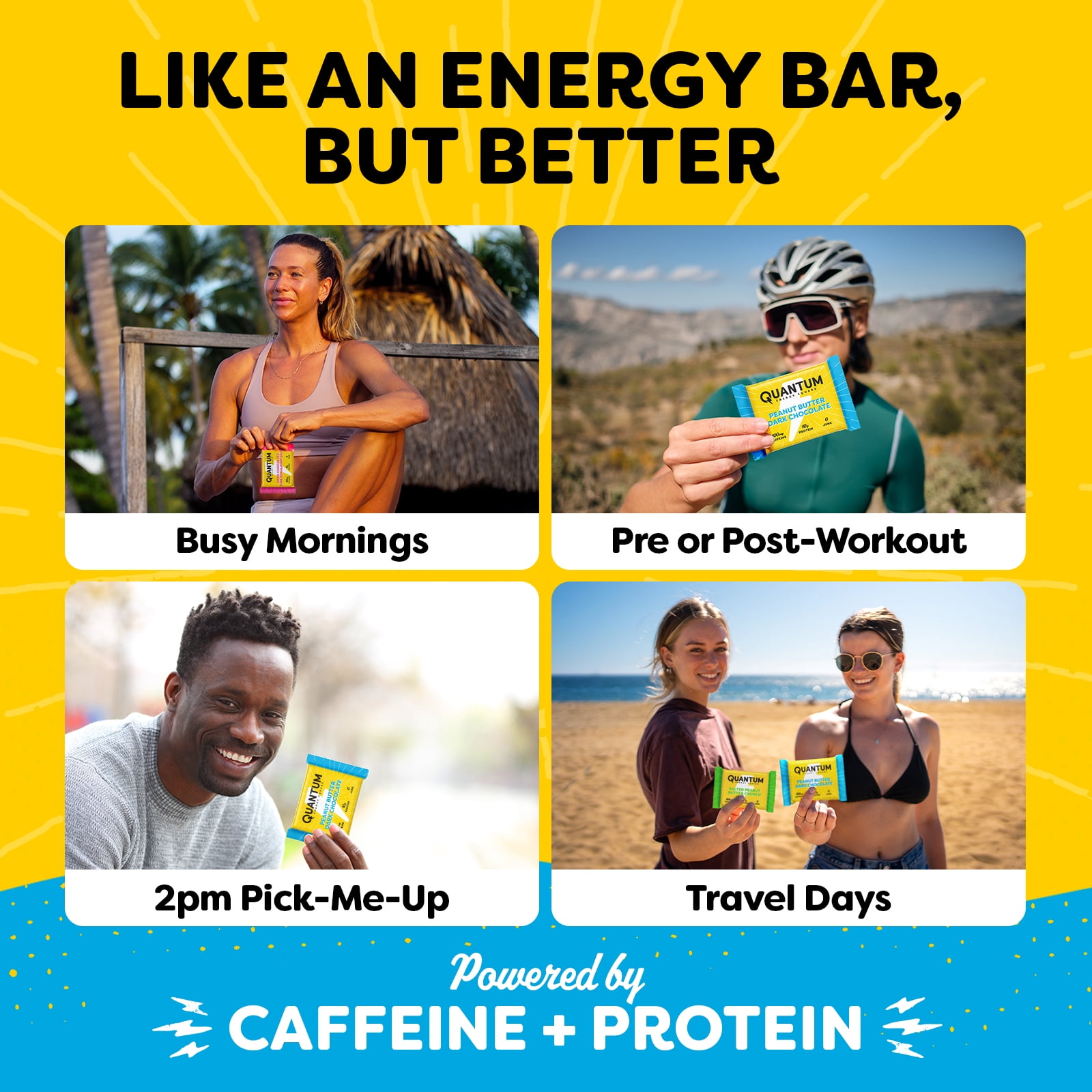 Quantum Energy Square: Energy Bar with Caffeine & 10g Protein. Delicious Healthy Snack On The Go. (Vegan, Gluten-free, Soy-free, Dairy-free). Flavor: Peanut Butter Dark Chocolate 8Pk