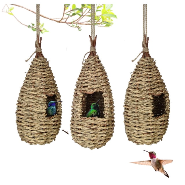 Casas de colibríes para colgar en el exterior, césped Natural, cabaña para pájaros, nido de colibrí tejido a mano