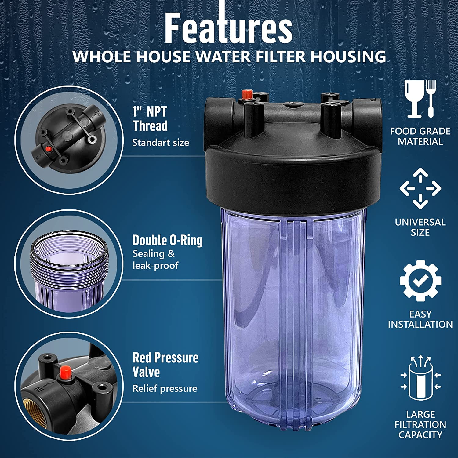 High Capacity 10 x 4.5 Whole House Filter Purifier System for Well or City Water, Presser Relief Button, 1 NPT Brass Port, Double O-ring, Meets NSF Standards & Regulations (Transparent, 4 Sets)