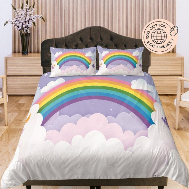 Juego de Funda Nórdica de Algodón Arco Iris y Nubes para Niños, Ropa de Cama Infantil Coloful,
