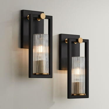 Stiffel Industrial Modern Wall Light Sconces Set of 2 Black Warm Brass Hardwired 4 1/2" Fixture Clear Glass Shade for Bedroom Bathroom Vanity