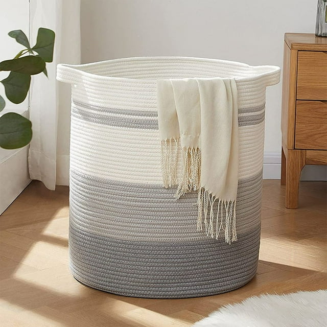 Cesta grande con asas | Cesto de cuerda de algodón para juguetes, ropa y mantas | Organizador plegable para el hogar, la habitación de los niños y el armario