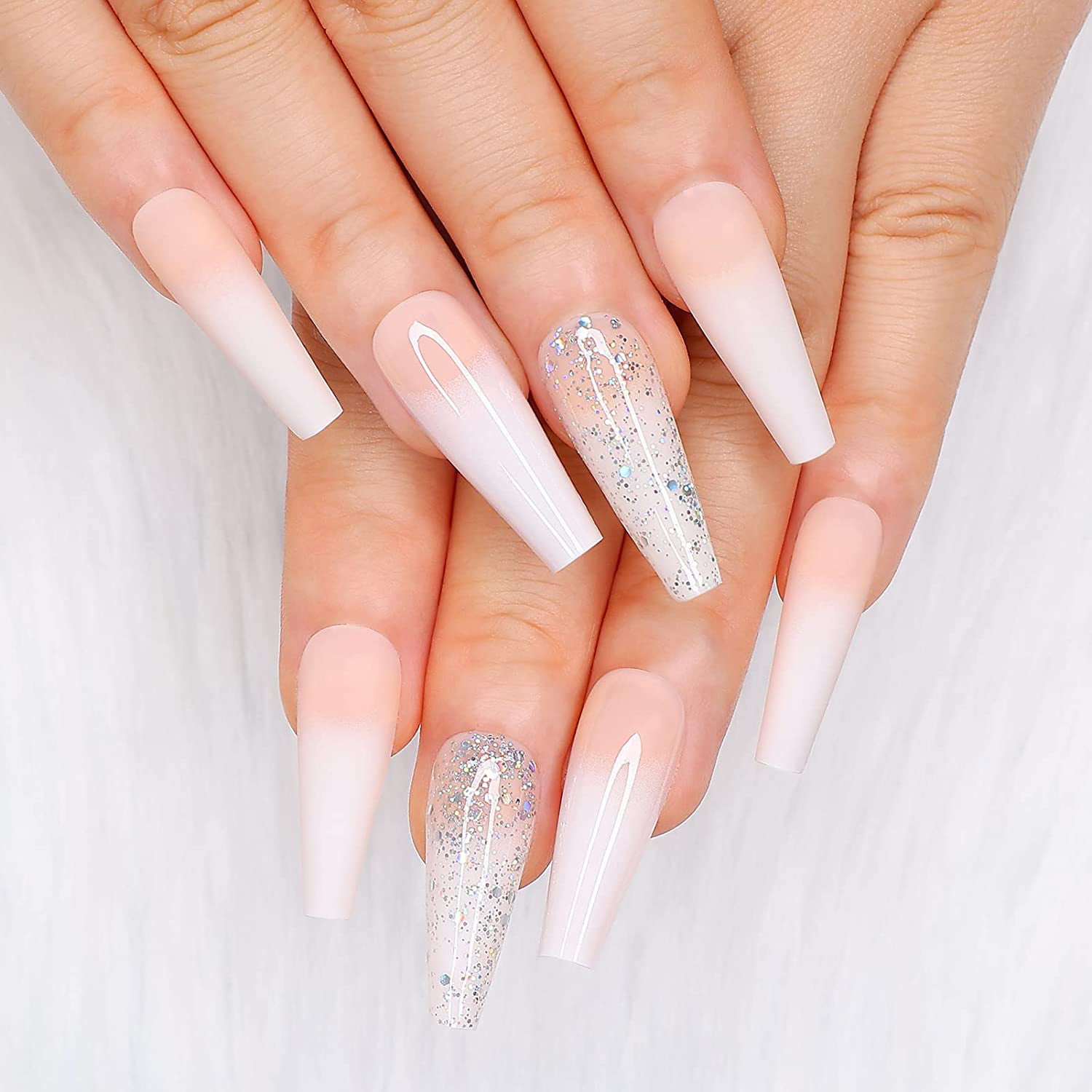 24Pcs French Press On Nails Nude White Ombre Fake Nails Long Ballerina  Acrylic Glossy Coffin Full Cover False Tips Art Manicure For Women And  Girls Includes 4Pcs Sequins Nails 4Pcs Matte Nails -