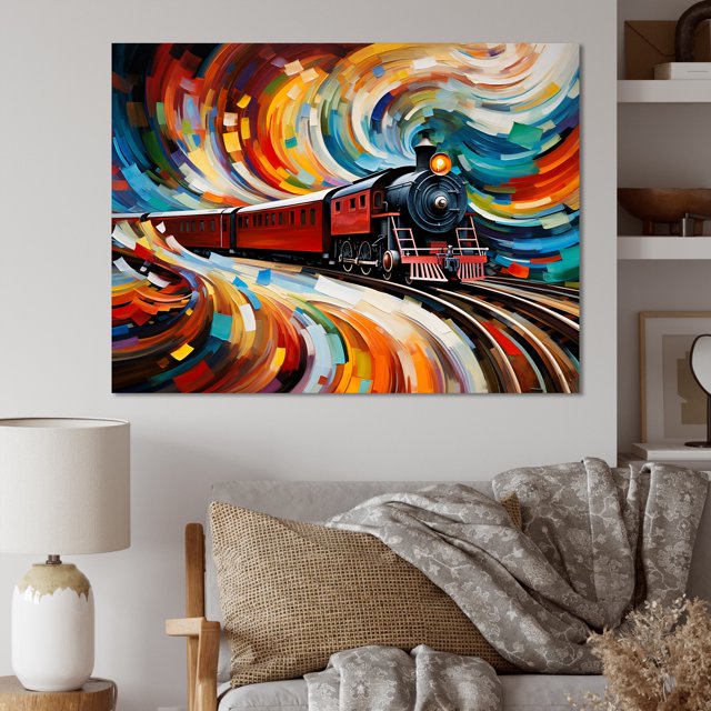 Designart art Mural Moderne Multicolore sur Toile, art Mural Train, art Mural Train Moderne Tourbillonnant, Décor Mural Train, 44x34 Pouces