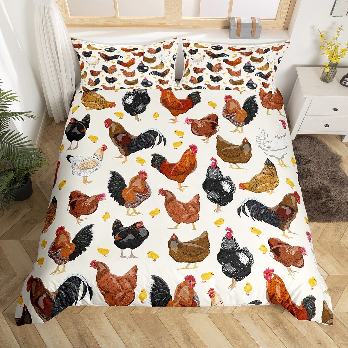 YST Chicken Comforter Cover Set King Size, Rustic Rooster Hen Duvet