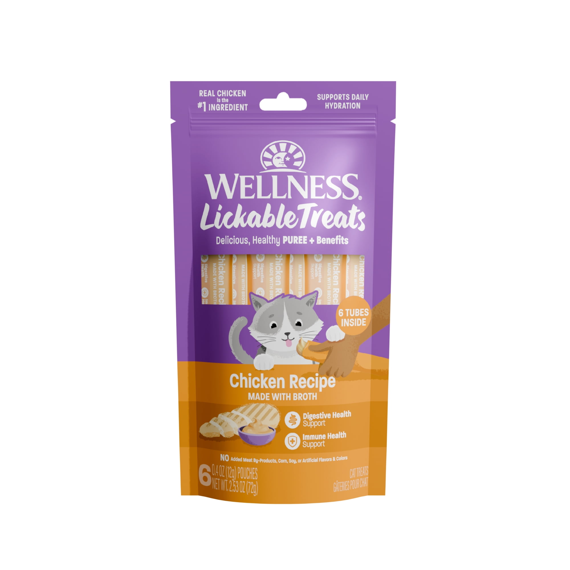 Wellness Lickable Soft Puree Cat Treats, All Lifestages, Kitten to Senior, Natural, Grain Free, Chicken Flavor, 0.4 oz, Pack of 6 Tubes