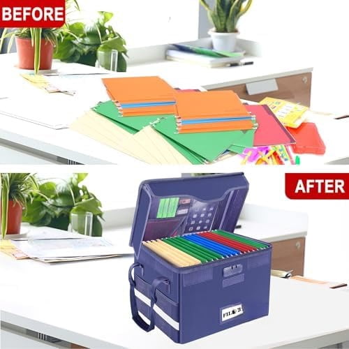 Fireproof Document Box with Lock, File Storage Organizer with Mesh Pockets, Collapsible Portable File Box Home Office Safe Filing Cabinet with Handle for Hanging Letter/Legal Folder, Blue