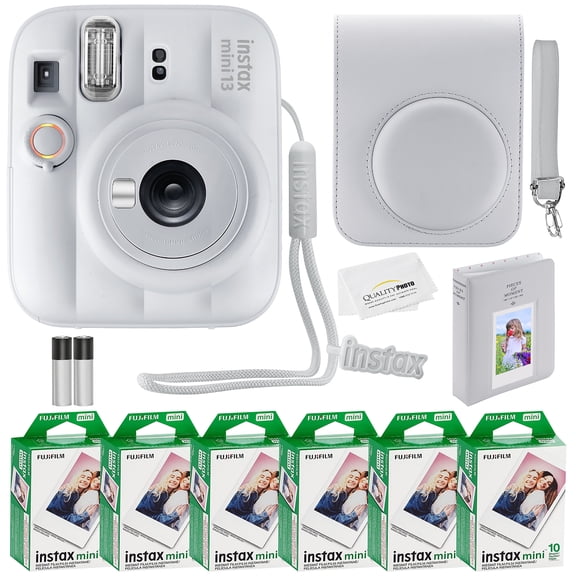 Fujifilm Instax Mini 13 Instant Camera, 60 Photo Prints, Photo Album, Case & Quality Photo Microfiber Cloth- Clay White