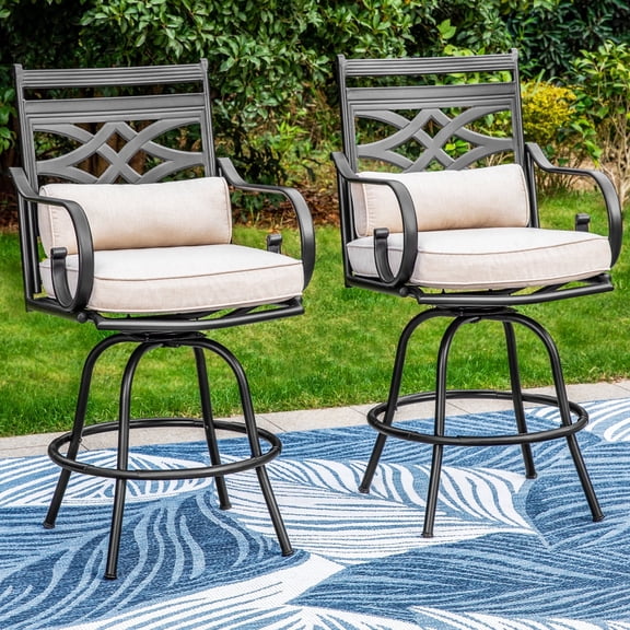 SUMMIT LIVING High Top Outdoor Swivel Bar Stool Set of 2, Metal Frame Patio Counter Height Chairs with Seat Cushion & Back Cushion, Black & Beige