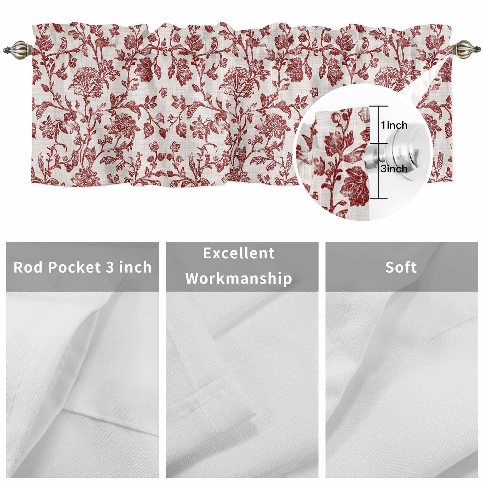 Curtain Valance for Windows, Vintage Rustic Red Flower on Linen Kitchen Valances Rod Pocket Short Curtains, Farm Floral Plant Pattern Window Valance for Bedroom Bathroom Living room 60x18in