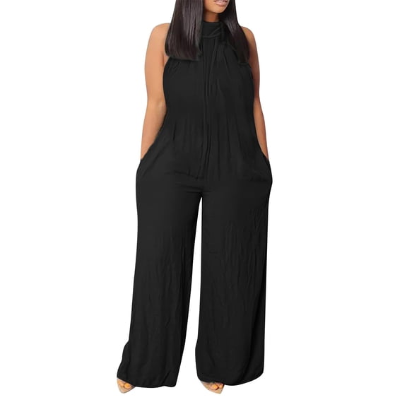 MSJUHEG Jumpsuits For Women One Piece Jumpsuits For Women Plus Size Womens Sleeveless Loose Solid Jumpsuits Baggy Stretchy Long Pant Romper Overalls With Pockets Womens Jumpsuit Black L