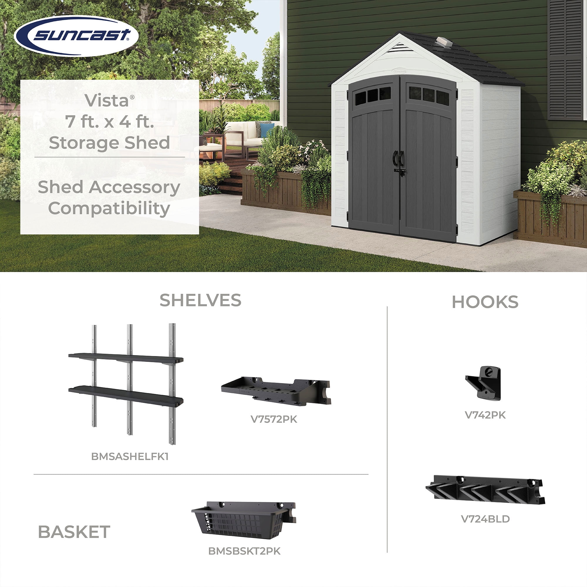Suncast Vista 7 ft. x 4 ft. Resin Vertical Peak Storage Shed with Floor Kit