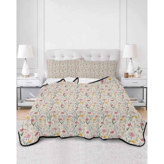 Quilts Twin Size, Pink Yellow Flower Soft Comforter Bedding Set for Bed, Spring Floral Summer Botanical Beige Lightweight Quilted Bedspread with Pillow Cover(2 Pieces) for All Season, 68x86 Inch