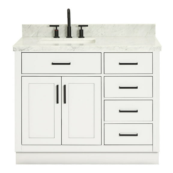 Ariel Hepburn 43 In. Left Offset Rectangle Sink Vanity With 1.5 In. Carrara White Countertop In White