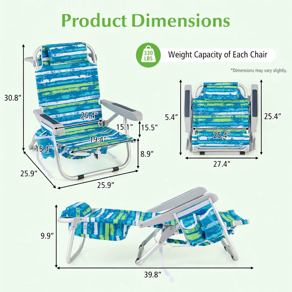 Hommoo Foldable Beach Chair with 5-Position Reclining Backrest, Cup Holder & Storage Pockets, Lightweight Aluminum Frame, Waterproof 600D Oxford Fabric, Blue & Green
