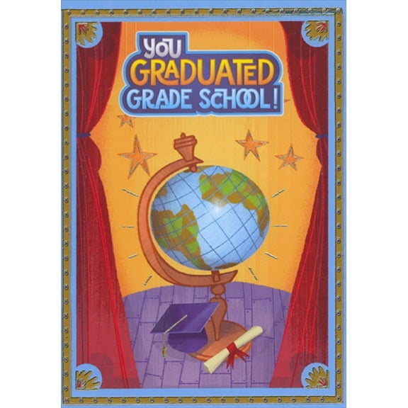 Designer Greetings Globe, Grad Cap, Diploma on Stage Grade School Graduation Congratulations Card