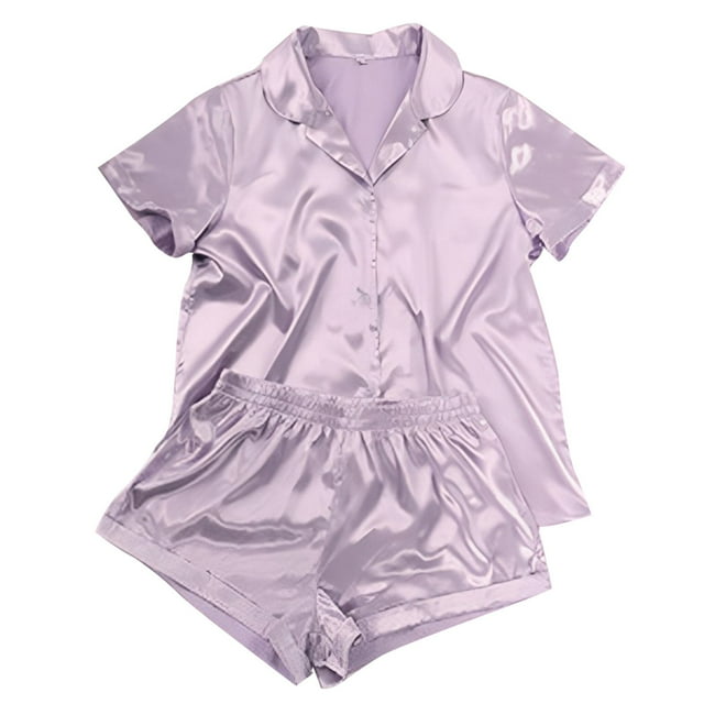 Camisón para Mujer Gibobby Pijamas de seda de manga Corta con botones conjunto de pantalones cortos 2 piezas S XXL morado