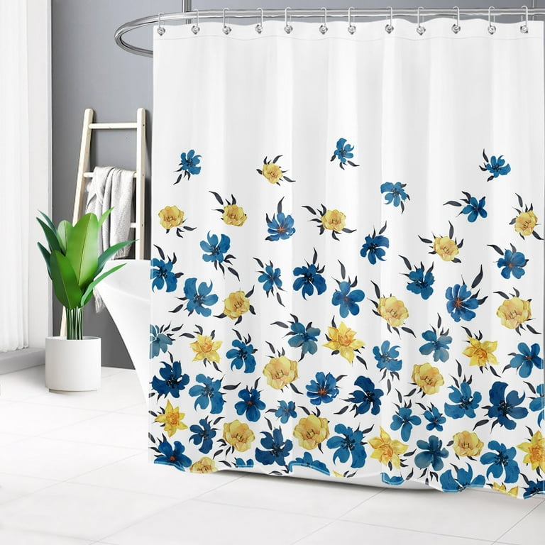 Floral Shower Curtain Decor, Rustic Yellow and Blue Floral Leaf on
