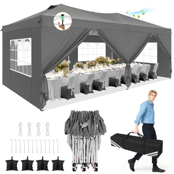COBIZI 10x20 Pop Up Canopy Tent with 4 Sidewalls, Waterproof Instant Gazebo Shelter for Wedding Party Camping Outdoor Events with Air Vent and Carry Bag, Gray