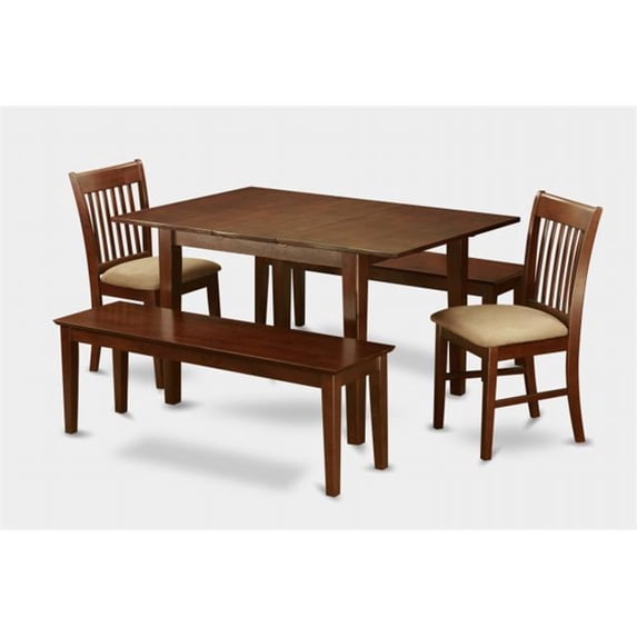 East West Furniture PSNO5C-MAH-C 5Pc Picasso Dining Table With 2 Norfolk Padded seat Chairs and 2 51-in Long benches