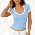 thumbnail image 5 of XPMWRP Summer Tops for Women Short Sleeve Tops V Neck Ribbed Knit Slim Fitted Basic Tee Shirts Casual Clothes Spring Outfits Light Blue S, 5 of 6
