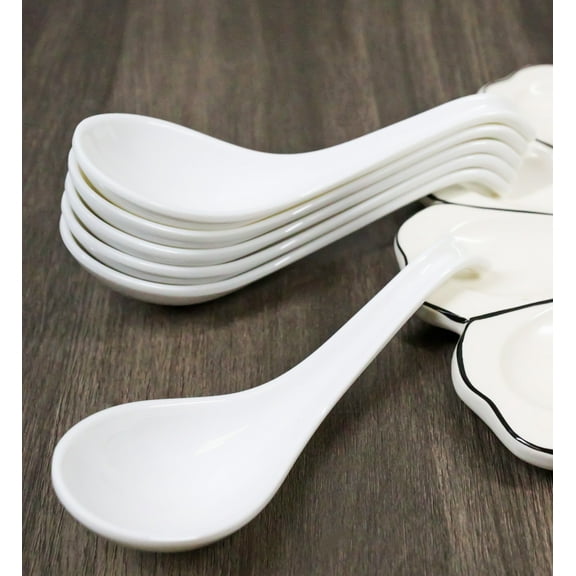 Contemporary White Melamine Asian Soup Spoons With Ladle Hook Pack Of 6 Set