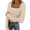 thumbnail image 3 of YanHoo Womens Long Sleeve Square Neck Ribbed Knit Fitted Casual Crop Tops Tee Slim Basic Shirts with Thumb Holes Y2k Clothes Beige,M, 3 of 8