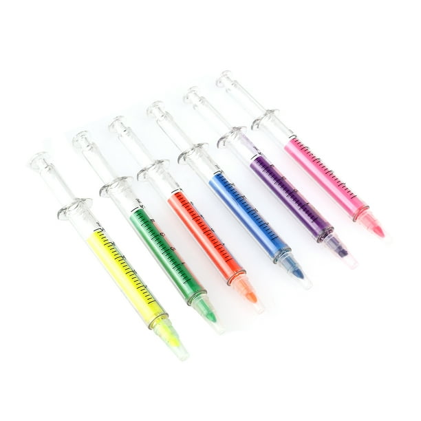 6 bolígrafos fluorescentes novedosos con forma de jeringa en 6 colores diferentes (amarillo + naranja + azul + verde + rojo + morado)