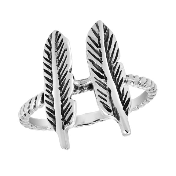 Versatile Pair of Detailed Feathers Sterling Silver Textured Band Ring-8