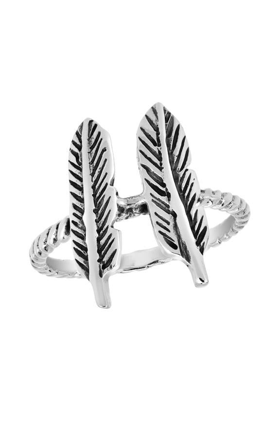 Versatile Pair of Detailed Feathers Sterling Silver Textured Band Ring-8