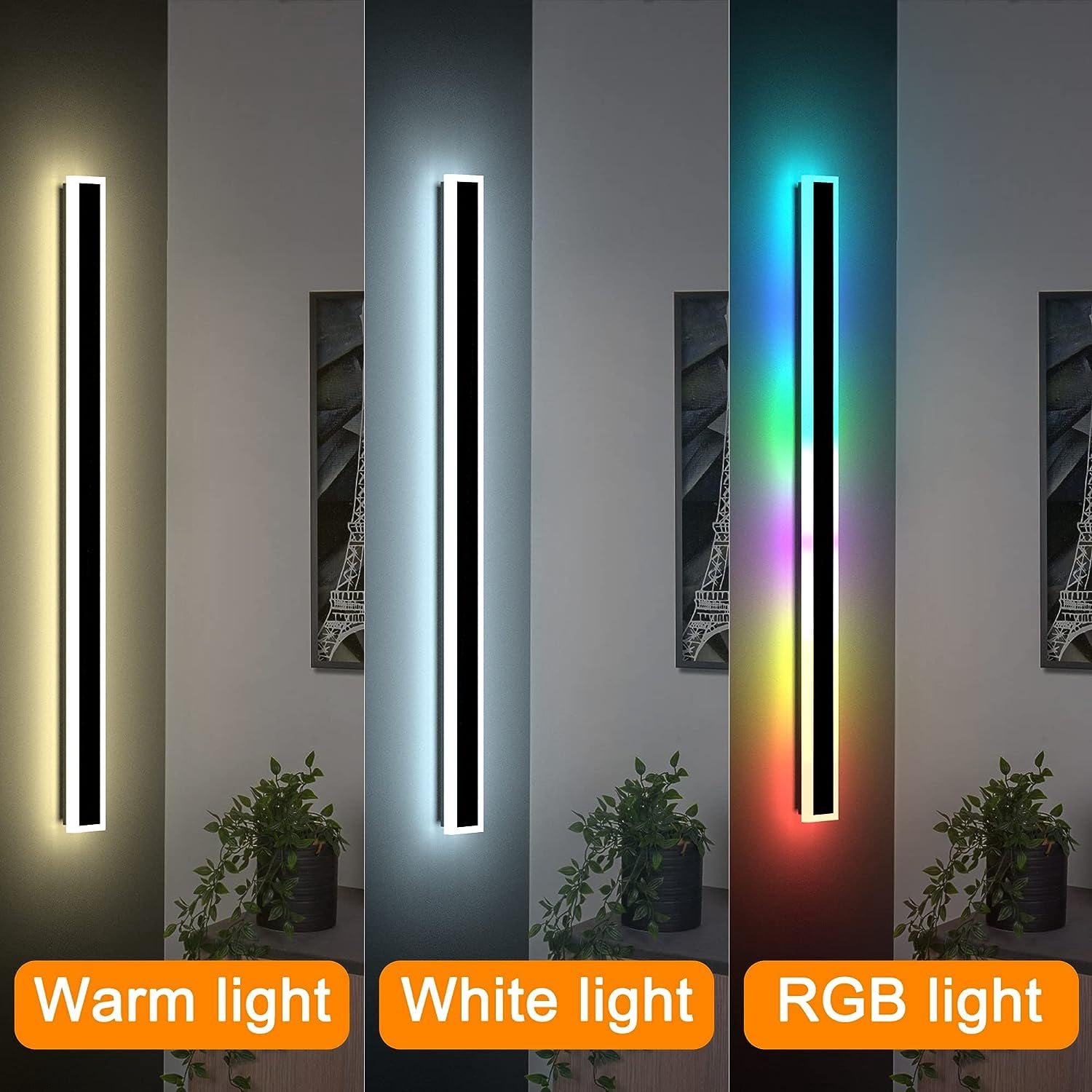 2Pack Outdoor Wall Lights, Long Outdoor Modern Led Wall Light, Waterproof Ip65 Warm/RGB 110v Outdoor Garage Lights Wall Mount Frosted White Acrylic Exterior Light Fixture for Patio (Black, 40in)