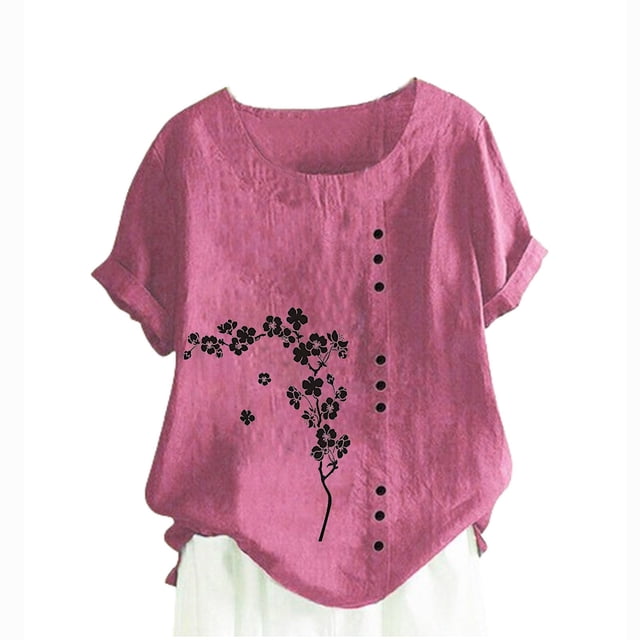 DPTALR WomenS Round Neck Short Sleeve Tops Linen Womens Tops Trendy Tops for Women 2024