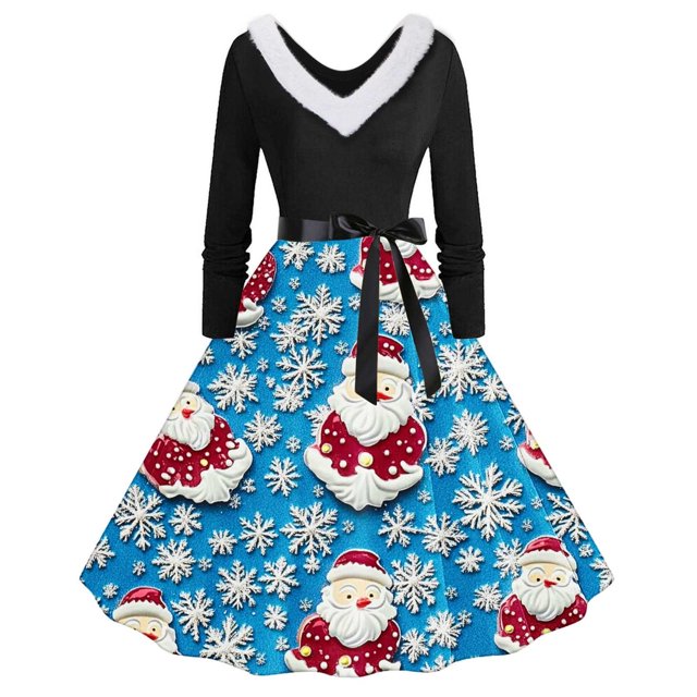TIMIFIS Robes de Noël pour Femmes, Robes Maxi pour Femmes Robe Vintage de Vacances Manches Longues Col en V en Fourrure Robe Dos Nu
