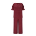 thumbnail image 6 of Linen Capri Set Women 2 Piece Outfits V Notch Short Sleeve Button Down Shirts Summer Flowy Crop Wide Leg Pants Sets, S, 6 of 7