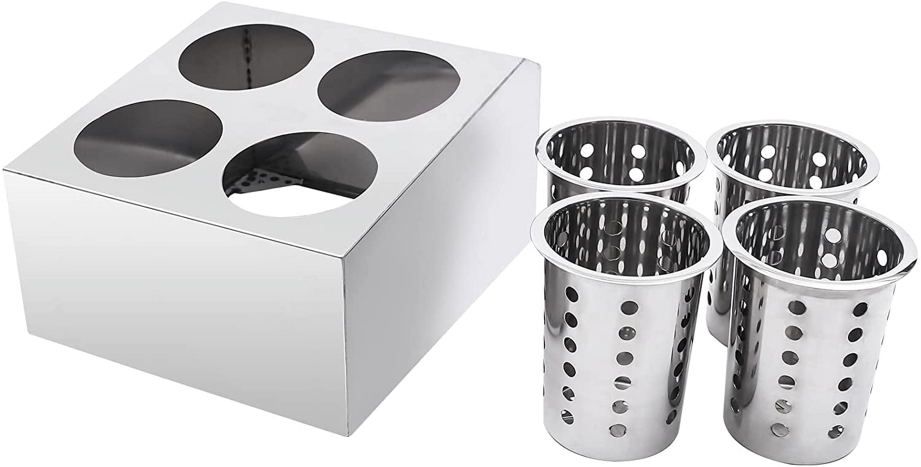 FETCOI Commercial 4-Hole Stainless Steel Cylinder Utensil Holder Organizer Kitchen Flatware Silverware Cutlery Holder Drainable