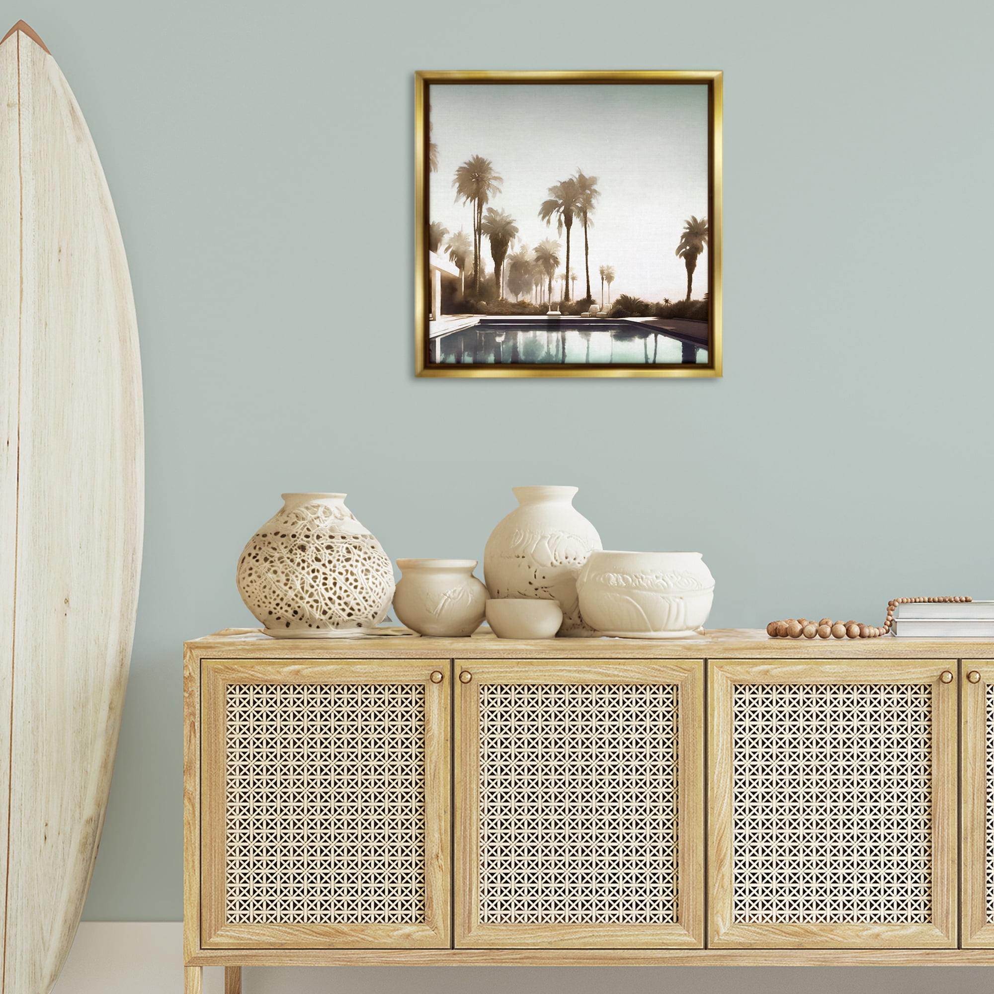 Stupell Industries Dreamy Pool & Palm Trees Abstract Painting Gold Floater Framed Canvas Art Print Wall Art, 25 x 25