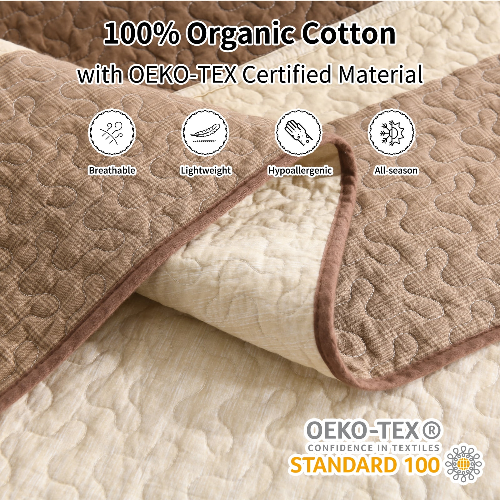 Bedduvit Striped Queen Size Quilts - 100% Organic Cotton Quilt Queen, Brown Black Beige Farmhouse Lightweight Bedspread Set for Queen Bed, Modern Neutral All-Season 3-Piece Comforter Set, 98"x90"