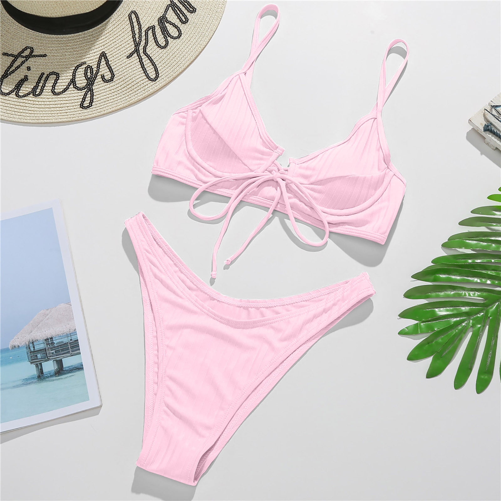 Flash Picks Women's Bikini Swimsuit Solid Color Beachwear Summer Fashion  Cozy Outfits for Girls Strappy Ribbed Bathing Suit Cross Bandage Swimwear  Sets Female Leisure Pink 8 