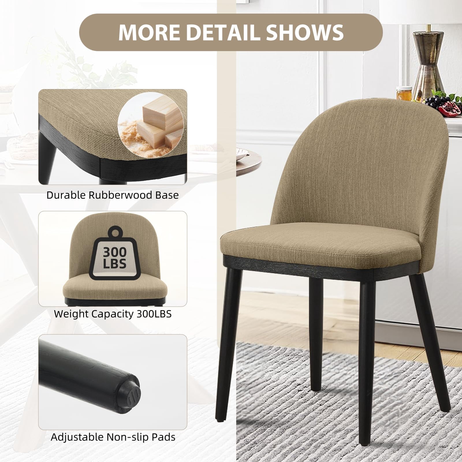 COZONY Modern Dining Chairs, Set of 6, Upholstered Semi-Circular Back, Fabric Padded Seat, Wood Legs for Kitchen, Dining Room,Camel